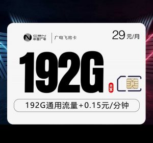 广电飞将卡月租29 元/月，含192G 全国通用流量（30G 基础 + 162G 赠包）
